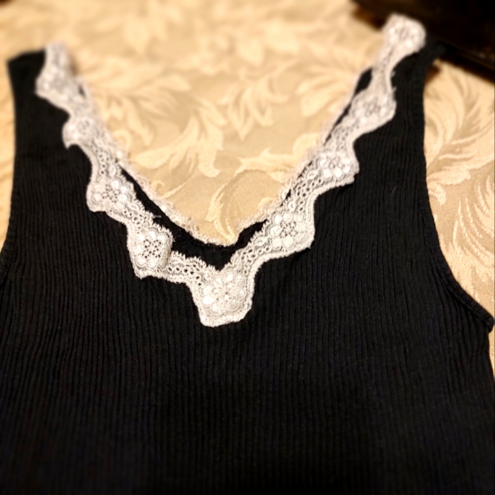 🐦⬛ Sweet Precious Merona Black Ribbed & Ivory Scalloped Lace Cami Tank Top - M - Picture 11 of 15